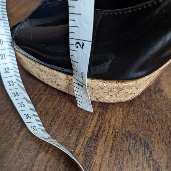Cole Haan x NikeAir Black Patent Woven Platform Peep Toe  Cole Haan Nike Air Black Patent Leather Peep Toe Cork Platform Heels, size 9.5